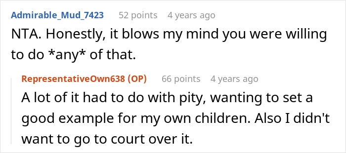 Reddit users discussing husband&rsquo;s affair child fund and moral decisions.