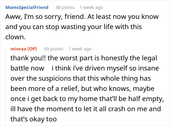 Text exchange discussing the discovery of stains linked to a mistress, mentioning a legal battle.