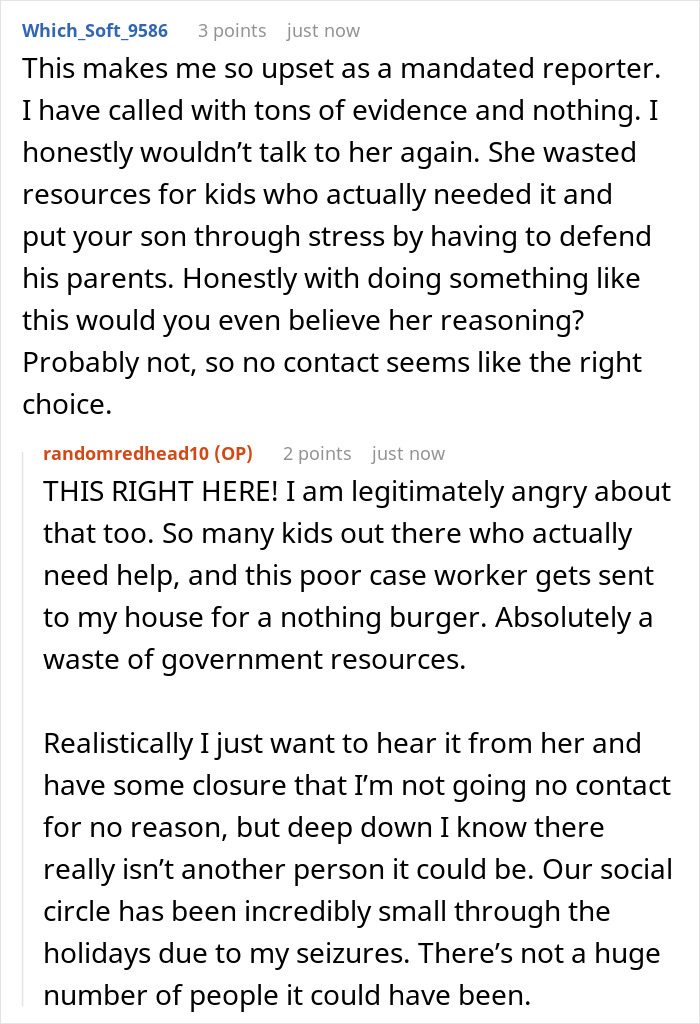 Reddit discussion about a woman shocked by her sister's alleged secret call to CPS.