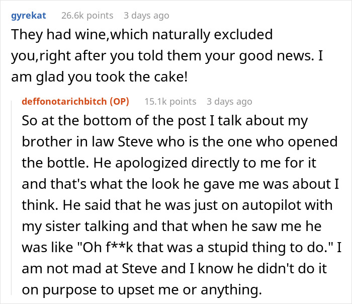 Text exchange about a woman's upset over family ignoring her sobriety milestone, focusing on opened wine and apologies. Text exchange about a woman's upset over family ignoring her sobriety milestone, focusing on opened wine and apologies.