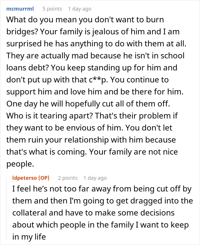 Reddit comment discussing family tension due to brother dating someone wealthier.