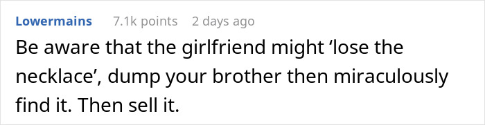 Reddit comment with advice about a girlfriend and a family heirloom.