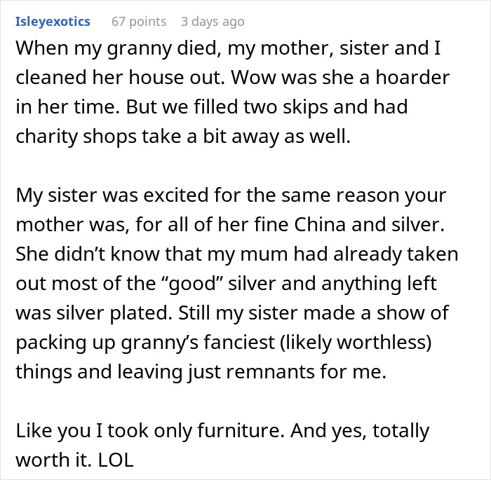 Text exchange about hoarding heirlooms, with a woman's surprise over her son's real treasure. Text exchange about hoarding heirlooms, with a woman's surprise over her son's real treasure.