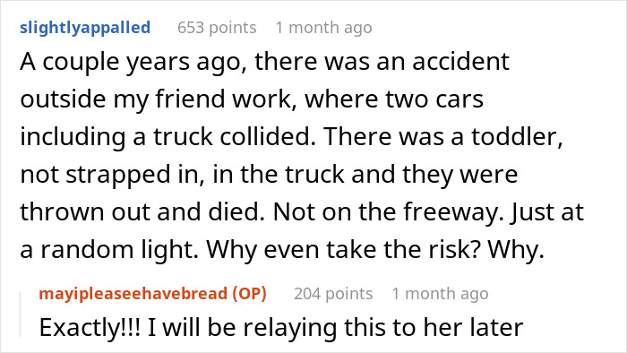 Reddit comment discussing a tragic accident involving a toddler without a car seat, highlighting its dangers.