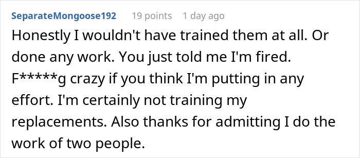 Text of an employee's response, upset about being fired as a prank, highlights work dynamics.