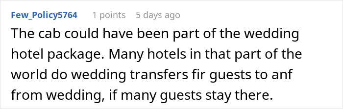 Comment discussing wedding taxi and hotel transfer options for guests. Comment discussing wedding taxi and hotel transfer options for guests.