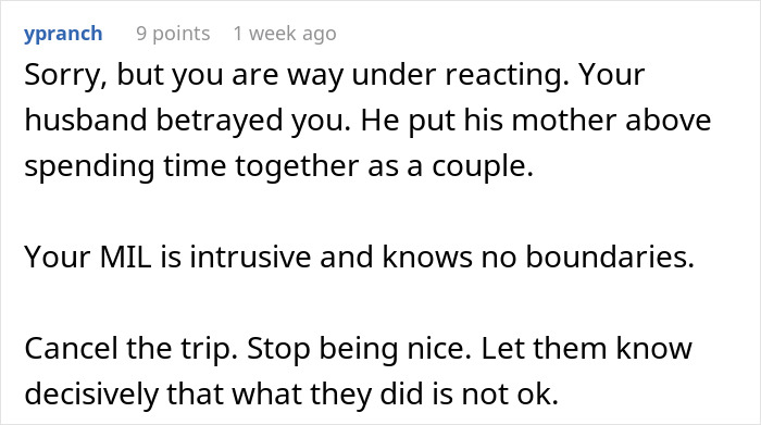 Text response to MIL tagging along on son's and DIL's vacation, expressing frustration.