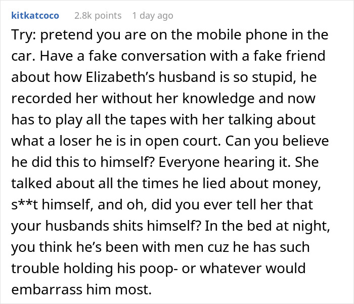 Text discussing a person's ex recording conversations without consent, leading to public embarrassment in court. Text discussing a person's ex recording conversations without consent, leading to public embarrassment in court.