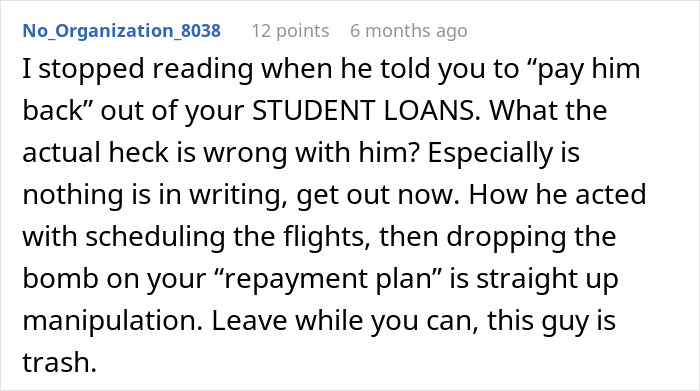 Comment on relationship manipulation regarding a Europe trip and repayment demands.