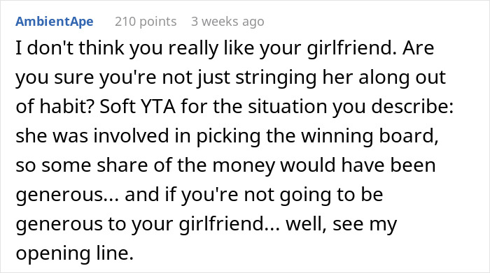 Text comment criticizing someone's decision not to share raffle winnings with girlfriend; suggests being generous.