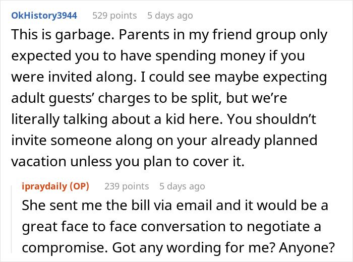 Reddit discussion about unexpected vacation bills for teens joining friends. Reddit discussion about unexpected vacation bills for teens joining friends.