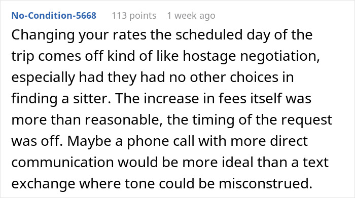 Reddit comment discussing pet sitter rate controversy and timing issues. Reddit comment discussing pet sitter rate controversy and timing issues.