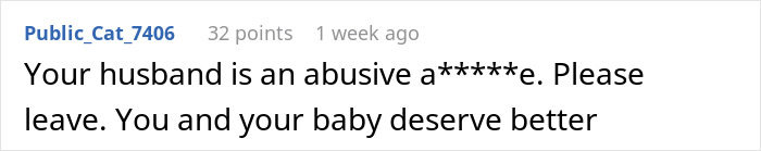 Comment on Reddit calling out husband&rsquo;s abusive behavior, advocating for new mom's safety.