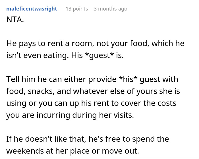 Roommate's guest eating food, causing rent issues, leading to a conflict over sharing resources in a shared living space.