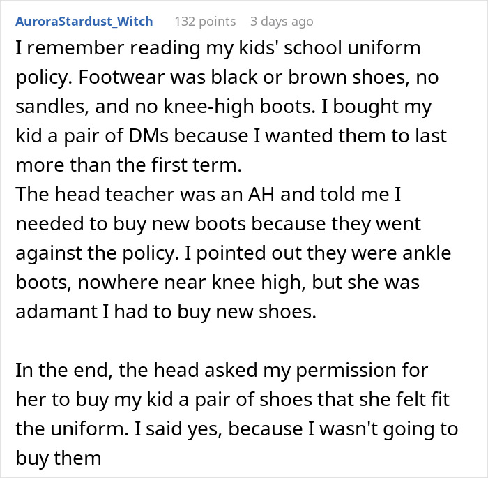Text story about a mom finding a school dress code loophole, discussing boot policy with a head teacher. Text story about a mom finding a school dress code loophole, discussing boot policy with a head teacher.