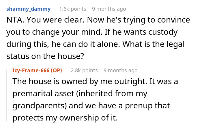 Reddit comments discussing custody of affair child after affair partner's arrest and legal status of house asset.