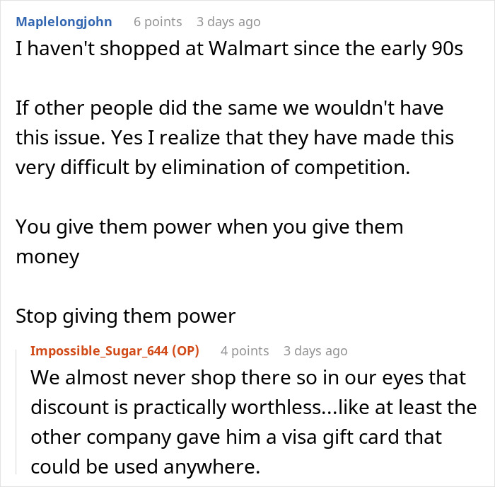 A man comments on Walmart discounts being useless compared to gift cards in an online discussion. A man comments on Walmart discounts being useless compared to gift cards in an online discussion.