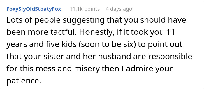 Reddit comment supporting a woman's blunt response to her sister, discussing parenthood challenges.