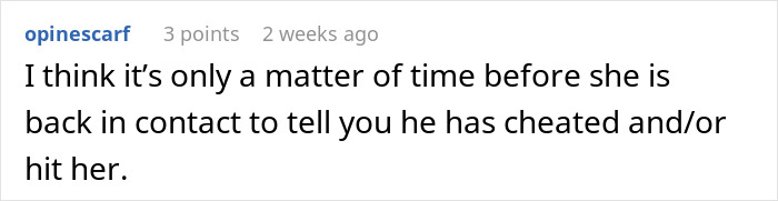 Reddit comment about relationship issues related to a friend's wedding.