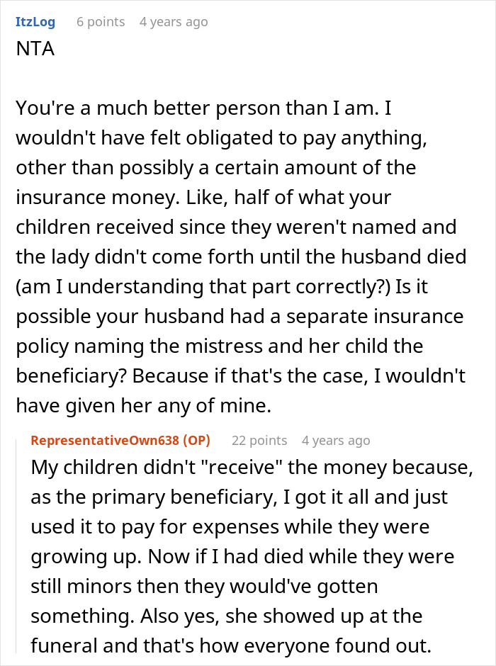 Reddit comments discussing a woman refusing to fund her husband's affair child, emphasizing obligations and insurance.