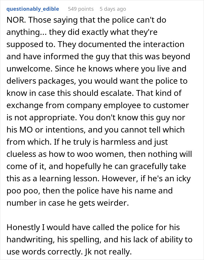 Reddit comment discussing the decision to call the police after receiving a note from an Amazon driver.