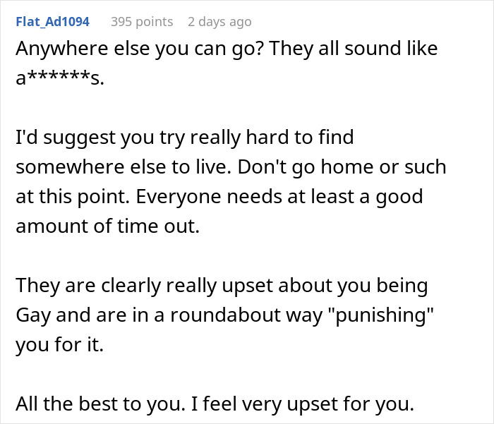 Text response offering advice on finding a new place to live, referencing conflict with parents and emotions.