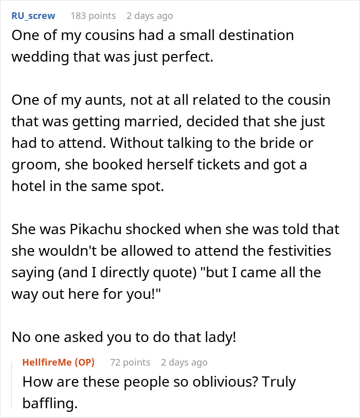 Text screenshot of a conversation about a woman attending a wedding uninvited.