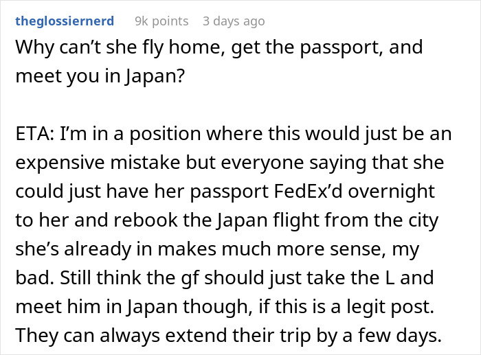Guy Refuses To Cancel Japan Trip After GF Forgot Her Passport, She&rsquo;s Upset He &ldquo;Abandoned Her&rdquo;