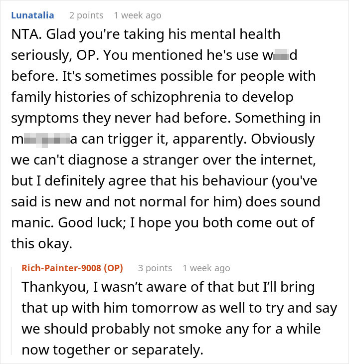 Comments about mental health concerns related to a partner's behavior. Comments about mental health concerns related to a partner's behavior.