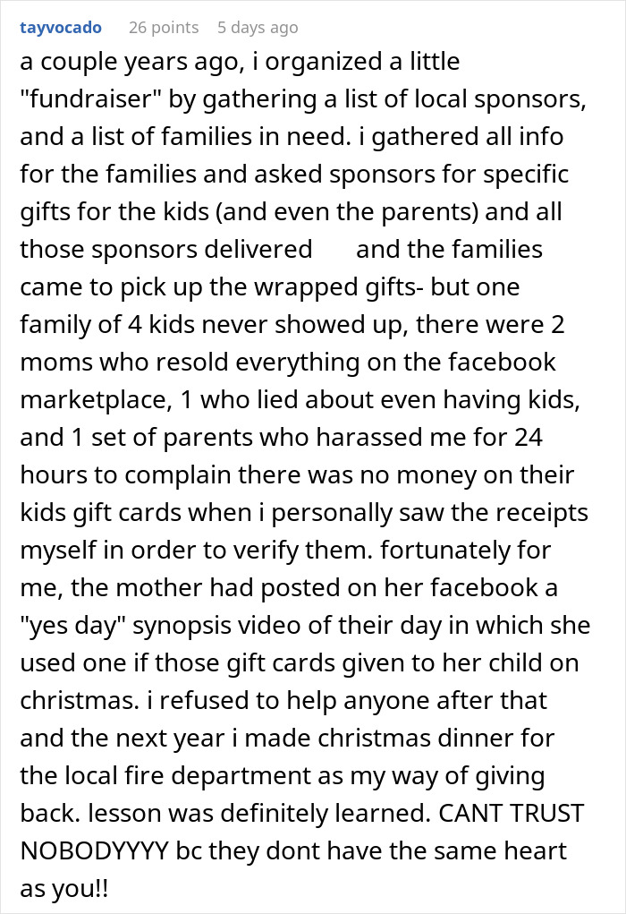 Woman Learns A Harsh Lesson After Donating To A Struggling Family On Holiday