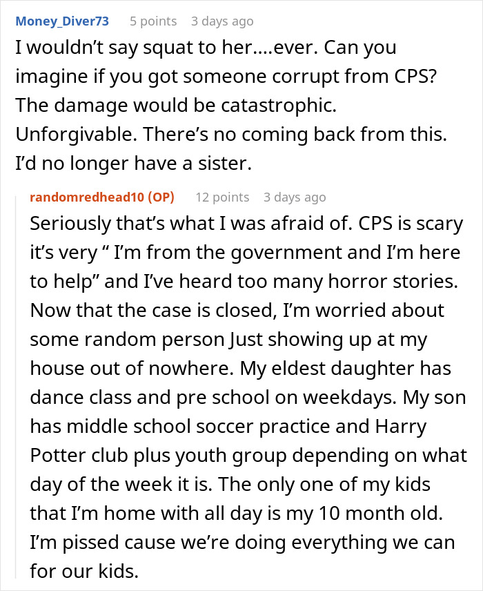 Text discussion about sister secretly involving CPS, users expressing shock and concern over family betrayal.