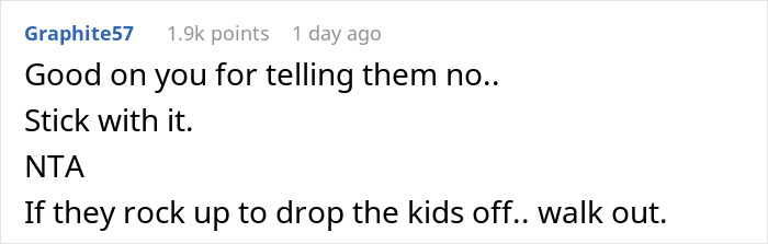 Reddit comment supporting teen refusing to be family's babysitter. Reddit comment supporting teen refusing to be family's babysitter.