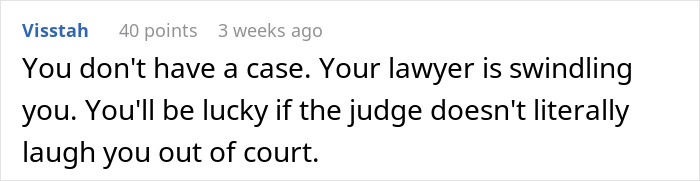Comment about family feud and court case, mentioning a lawyer swindling someone.