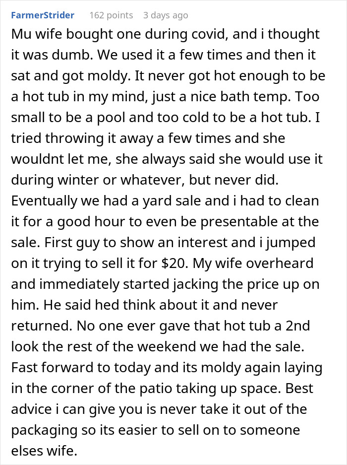 Text from man upset over maintaining wife's expensive unwanted gift, discussing advice about unwanted items.