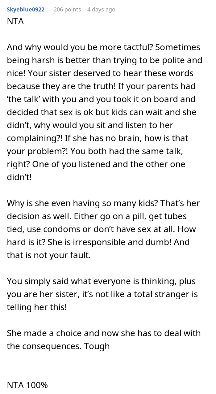 Reddit comment criticizing a sister complaining about motherhood with harsh language.