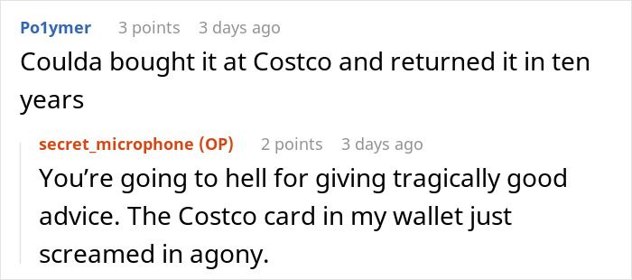 Online discussion about returning costly gifts, with humorous replies on gift advice.