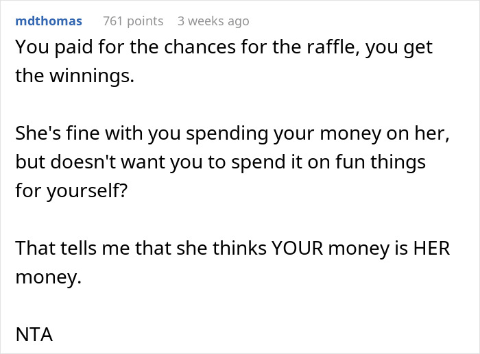 Reddit comment discussing raffle winnings, emphasizing individual entitlement to the prize money.