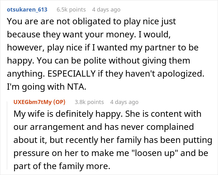 &ldquo;Reddit comments discussing a man's interactions with in-laws and his wife's happiness amid business success.&rdquo;