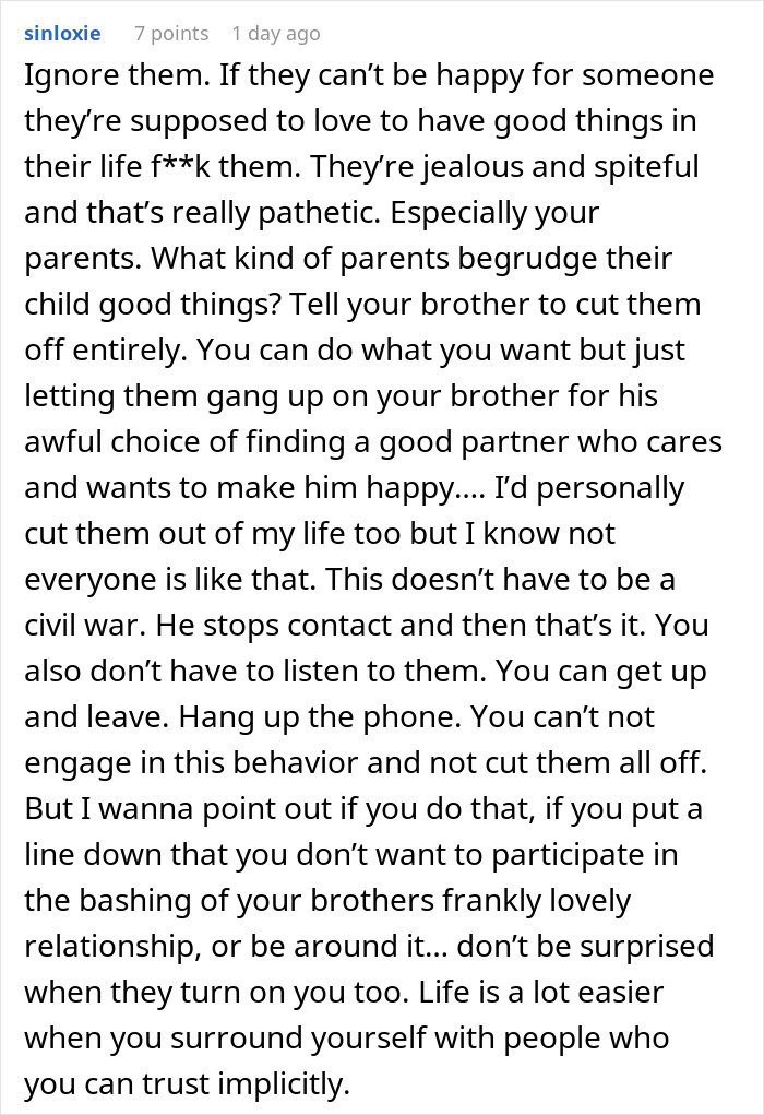 Reddit comment advice on family conflict over brother dating wealthier partner.