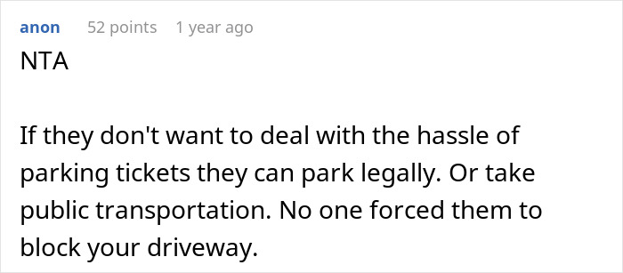 Text screenshot discussing parking and a blocked driveway.
