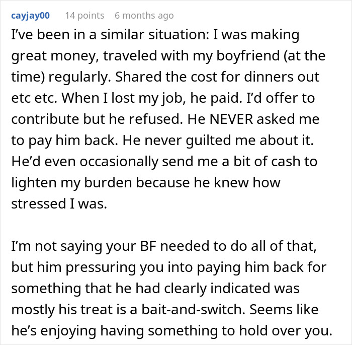 Text screenshot of a woman discussing her regrets about a Europe trip and boyfriend's unexpected demands for money.