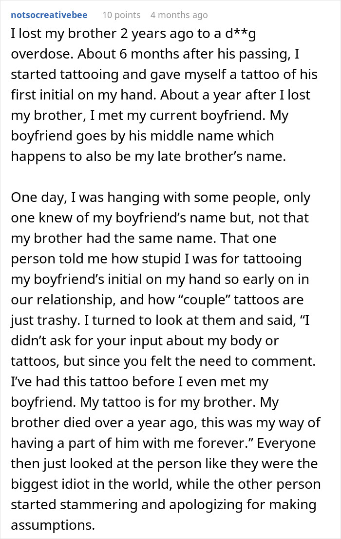 Text screenshot about a woman defending her tattoo choice, addressing unsolicited "trashy" opinion.