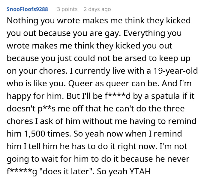 Chat comment discussing reasons for leaving home, mentioning chores and responsibilities.