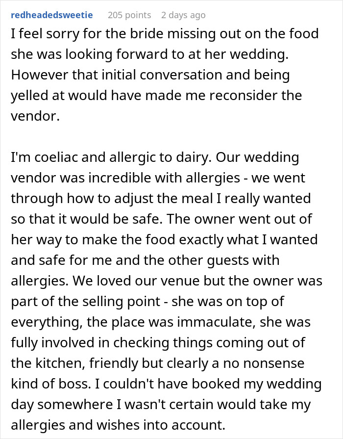 Text discussing a wedding caterer issue with a bride and handling food allergies.