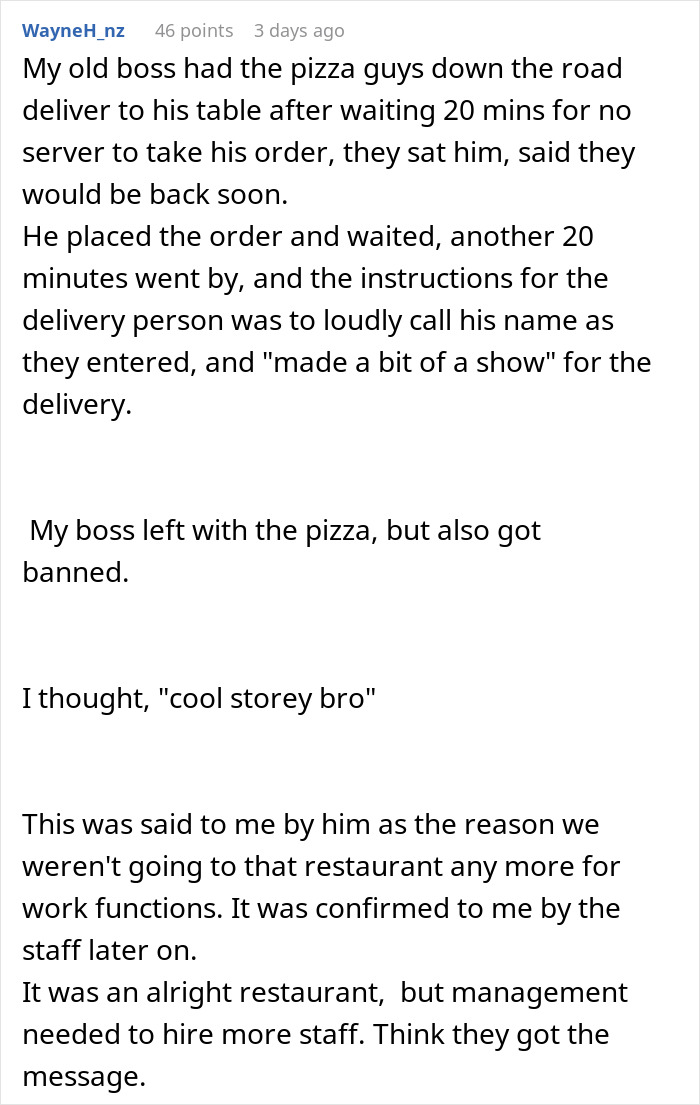 Text screenshot of a boss waiting 40 minutes for service, orders pizza delivery to restaurant table.
