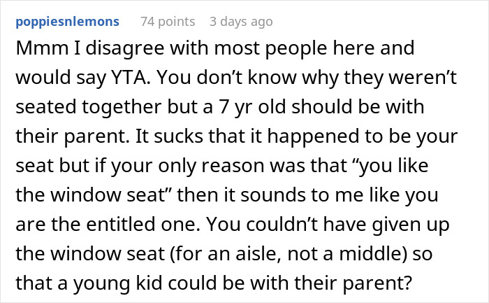 Comment discussing refusal to give up a window seat for a child to sit with a parent. Comment discussing refusal to give up a window seat for a child to sit with a parent.
