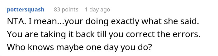 Text comment discussing correcting errors in a handmade gift, referencing demands for perfection. Text comment discussing correcting errors in a handmade gift, referencing demands for perfection.
