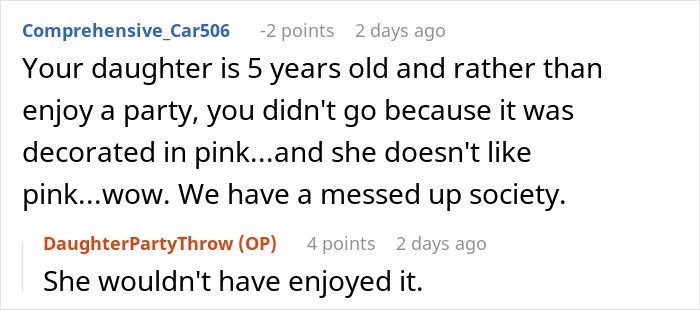 Reddit exchange discussing a pink-themed party for a child who dislikes pink.