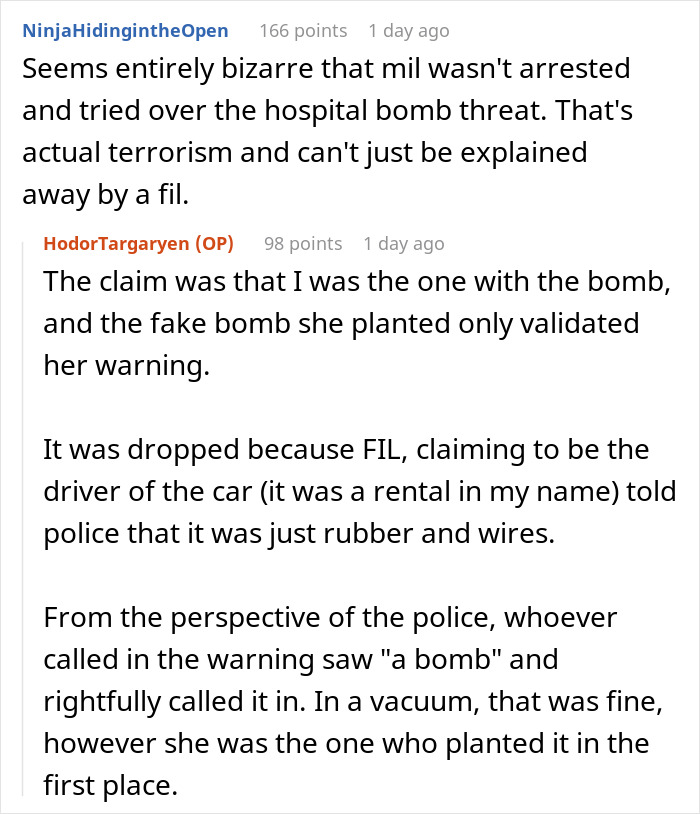 Text exchange about MIL's bomb threat scheme involving police and FIL explanations.