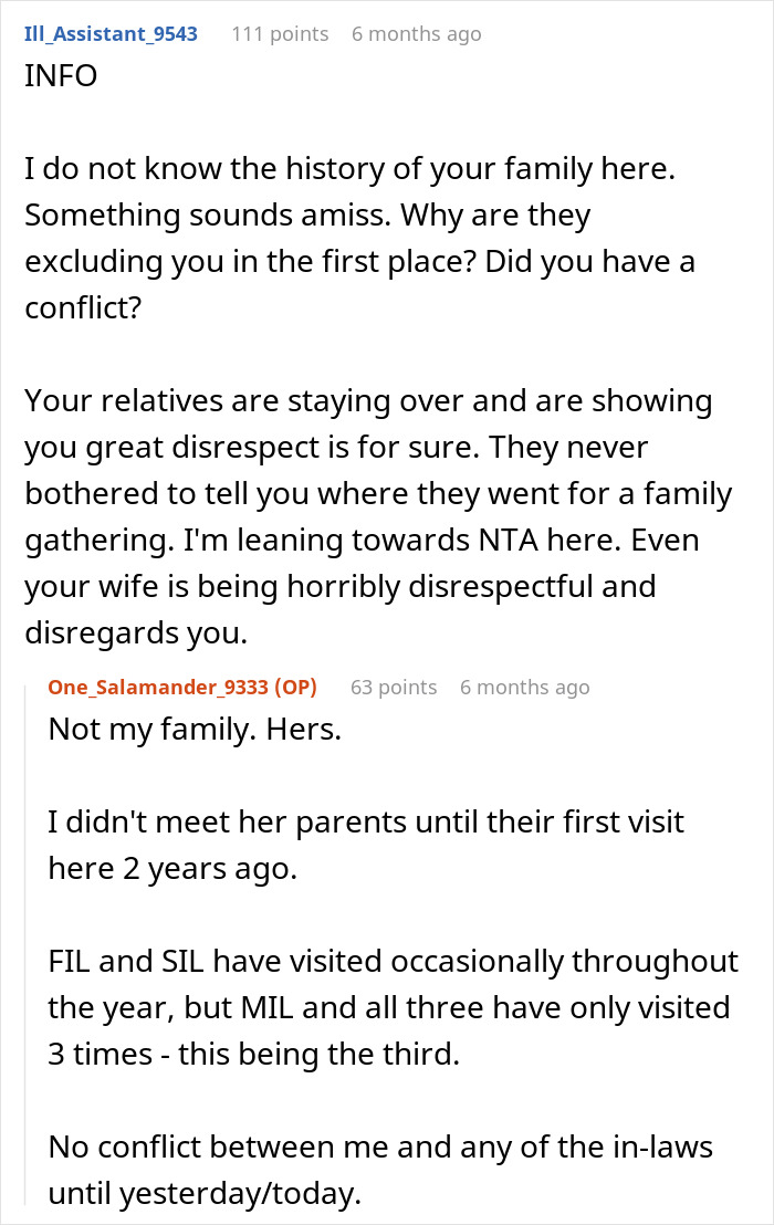 Reddit thread discussing in-laws exclusion from brunch and dinner plans. Reddit thread discussing in-laws exclusion from brunch and dinner plans.